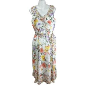Nicole Miller Floral Midi Dress Ruffle Front Size 8